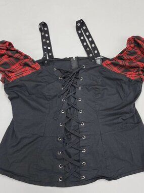 Hot Topic Size 2 Black Red Plaid Off Shoulder Corset Top Lace Up Grommet